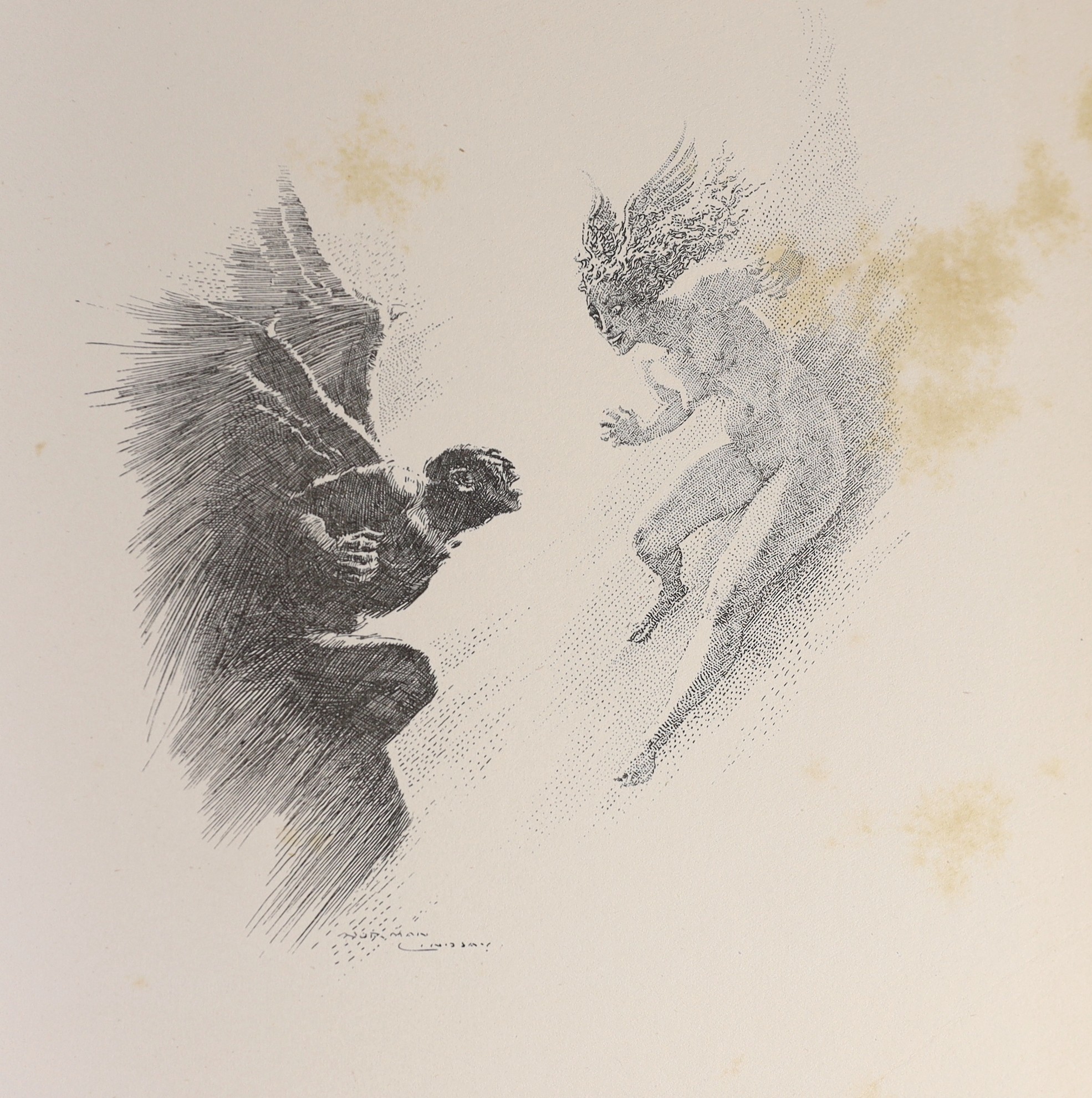 Lindsay, Norman - Pen Drawings. Limited edition of 500 numbered copies, signed by the artist. pictorial title and 24 plates; publisher's art vellum and gilt pictorial grey paper boards with gilt label, folio, Sydney, 192